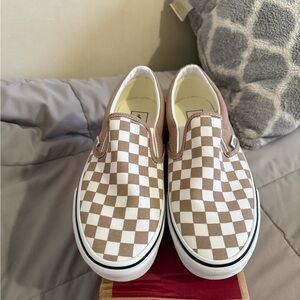 Vans Tan and White Checkered Slip-On Sneakers